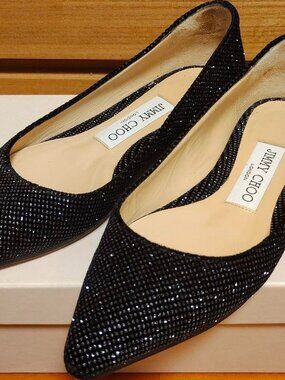 Jimmy Choo Black Satin Glitter Flat Shoes